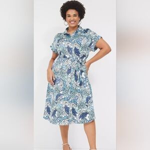Lane Bryant Blue and Cream Leaf Print Midi Dress